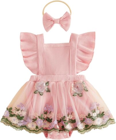 Douhoow Baby Girl Summer Romper Flying Sleeve Floral Embroidery Baby Dress Romper with Headband Infant Festival Clothes in Saudi Arabia