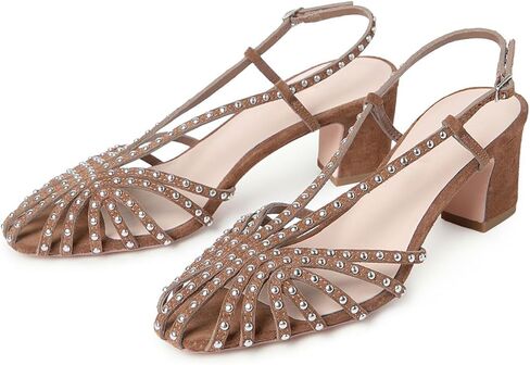Studded Slingback Heels for Women, Caged Toe Block Heel Sandals Summer Casual Dress Heeled Sandals in Saudi Arabia