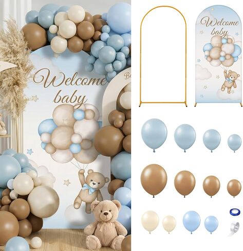 148 Pcs Bear Baby Shower Decorations Balloon Metal Arch Backdrop Stand and Cover Set Decor Dusty Blue and Brown Balloon Arch Kits Bear Baby Shower Gender Reveal Birthday Party Decorations in Kuwait