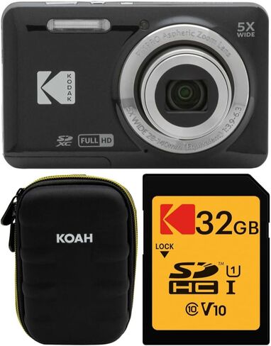 Kodak PIXPRO Friendly Zoom FZ55 Digital Camera (Black) Bundle with Case for Compact Cameras, and Kodak 32GB Class 10 UHS-I U1 SDHC Memory Card (3 Items) in Kuwait