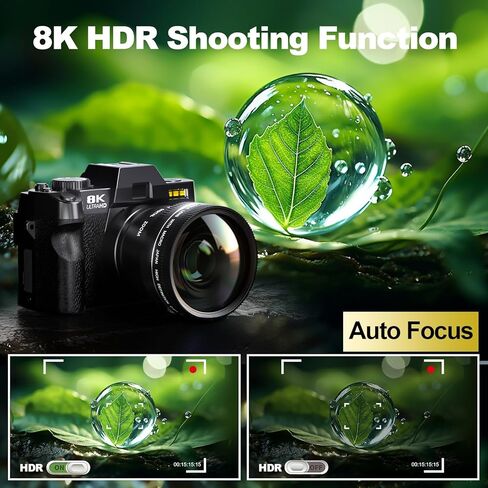 8K&64MP Digital Cameras for Photography, 16X Zoom, WiFi, 180° Flip Screen, Autofocus, Anti-Shake, Wide-Angle & Macro Lens, Built-in Fill Light, PU Leather Case, 64GB Card & 2 Batteries (Black) in Saudi Arabia