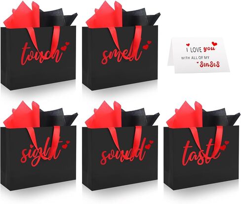 Epoesch 5 Senses Gift Bags for Him With Labels - Includes Tissue Paper & Greeting Card, Unique Birthday, Valentine‘S Day, Anniversary, Wedding Gifts for Boyfriend, Bf or Husband (Black with red lettering) in Saudi Arabia