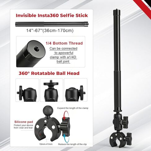 Motorcycle Mount Fit for Insta 360,Bike Handlebar Double Clamp Mounts 67" Invisible Selfie Stick Bundle Kit for Insta360 X5 X4 X3 X2 X ONE, for DJI OSMO 360, for GoPro Camera Accessories in Kuwait