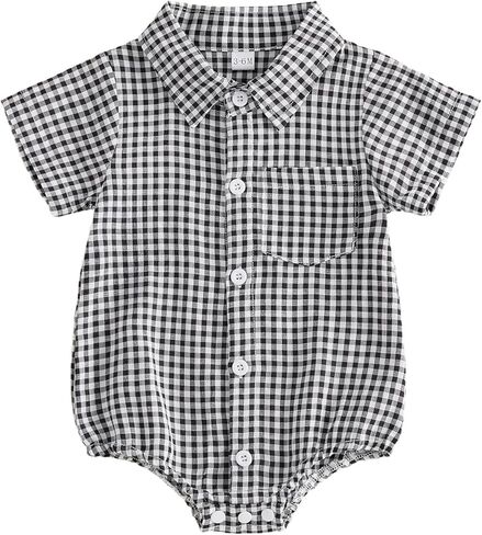 Newborn Baby Boy Clothes Gingham Short Sleeve Button Down Shirt Bubble Romper Plaid Collared Bodysuit Summer Outfit in Saudi Arabia