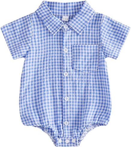 Newborn Baby Boy Clothes Gingham Short Sleeve Button Down Shirt Bubble Romper Plaid Collared Bodysuit Summer Outfit in Saudi Arabia