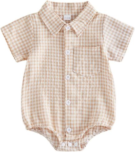 Newborn Baby Boy Clothes Gingham Short Sleeve Button Down Shirt Bubble Romper Plaid Collared Bodysuit Summer Outfit in Saudi Arabia
