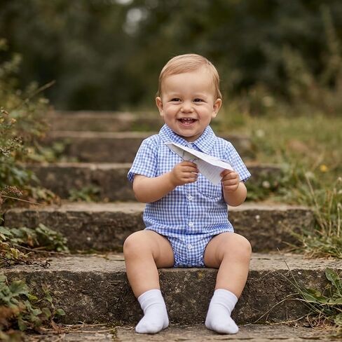 Newborn Baby Boy Clothes Gingham Short Sleeve Button Down Shirt Bubble Romper Plaid Collared Bodysuit Summer Outfit in Saudi Arabia