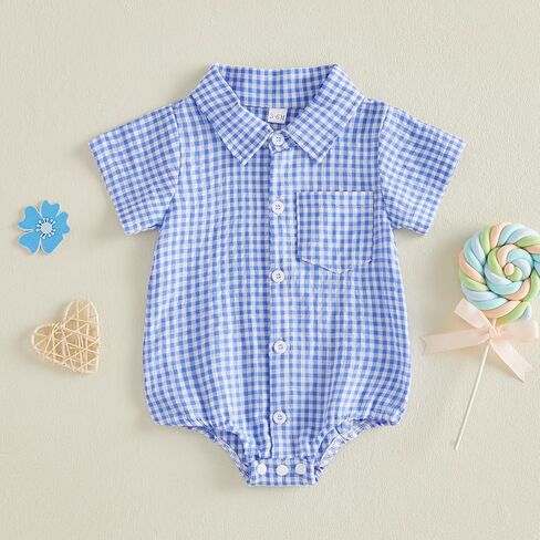 Newborn Baby Boy Clothes Gingham Short Sleeve Button Down Shirt Bubble Romper Plaid Collared Bodysuit Summer Outfit in Saudi Arabia