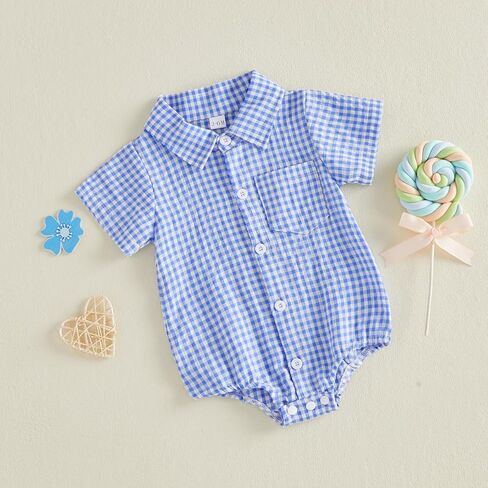 Newborn Baby Boy Clothes Gingham Short Sleeve Button Down Shirt Bubble Romper Plaid Collared Bodysuit Summer Outfit in Saudi Arabia