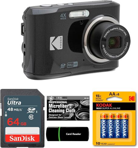 كاميرا Kodak PIXPRO FZ45 رقمية بدقة 16 ميجابكسل، تكبير بصري 4X 27 ملم زاوية واسعة 1080 بكسل فيديو عالي الدقة 2.7 بوصة كاميرا LCD (أسود) + بطاقة وقارئ سعة 64 جيجابايت + بطاريات AA (4 عبوات) + قطعة قماش للتنظيف in Kuwait