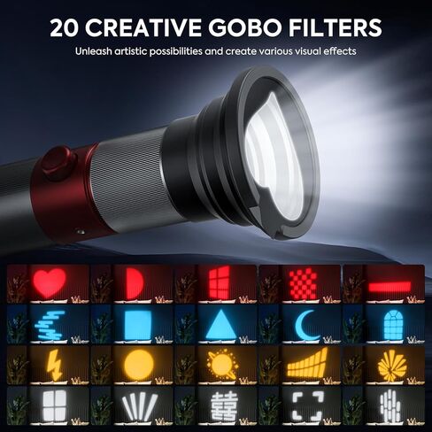 مصباح يدوي للتصوير الفوتوغرافي مع 20 فلتر GOBO و4 ألوان، مصباح كشاف LED محمول للاستديو، مصباح صور قابل لإعادة الشحن بقدرة 8400 مللي أمبير في الساعة، تعتيم بنسبة 1%-100%، تكبير/سحب بالدفع 10°-60° لفيديو صورة المنتج in Kuwait