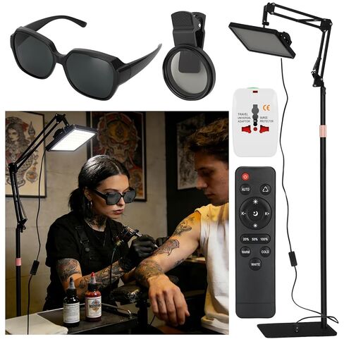 Polarized Tattoo Light with 288 LEDs & 4 Color Temp Modes, Adjustable Stand (47-65in), Tattoo Glasses, CPL Filter & Remote – Anti-Glare Work Lamp for Studio in Kuwait