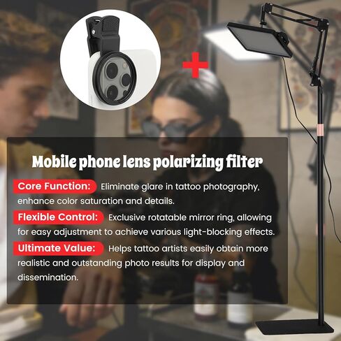 Polarized Tattoo Light with 288 LEDs & 4 Color Temp Modes, Adjustable Stand (47-65in), Tattoo Glasses, CPL Filter & Remote – Anti-Glare Work Lamp for Studio in Kuwait