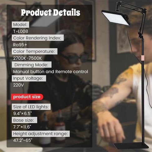 Polarized Tattoo Light with 288 LEDs & 4 Color Temp Modes, Adjustable Stand (47-65in), Tattoo Glasses, CPL Filter & Remote – Anti-Glare Work Lamp for Studio in Kuwait
