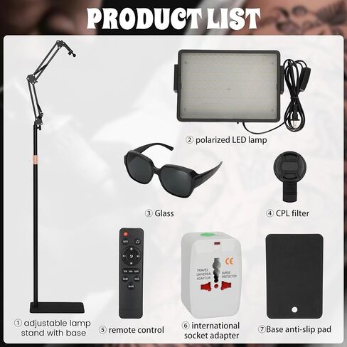 Polarized Tattoo Light with 288 LEDs & 4 Color Temp Modes, Adjustable Stand (47-65in), Tattoo Glasses, CPL Filter & Remote – Anti-Glare Work Lamp for Studio in Kuwait
