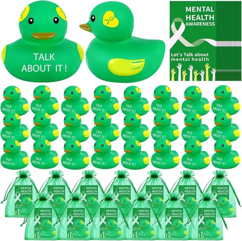 DEEKIN 24 Set Mental Health Rubber Duck Mental Health Awareness Gifts Include 24 Green Ribbon Rubber Duck 24 Cards and 24 Organza Bags for Friend Family Coworkers Fundraiser Giveaways in Saudi Arabia