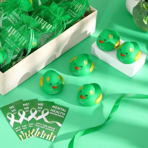 DEEKIN 24 Set Mental Health Rubber Duck Mental Health Awareness Gifts Include 24 Green Ribbon Rubber Duck 24 Cards and 24 Organza Bags for Friend Family Coworkers Fundraiser Giveaways in Saudi Arabia