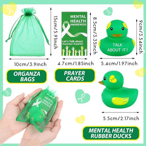 DEEKIN 24 Set Mental Health Rubber Duck Mental Health Awareness Gifts Include 24 Green Ribbon Rubber Duck 24 Cards and 24 Organza Bags for Friend Family Coworkers Fundraiser Giveaways in Saudi Arabia