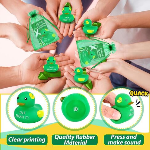 DEEKIN 24 Set Mental Health Rubber Duck Mental Health Awareness Gifts Include 24 Green Ribbon Rubber Duck 24 Cards and 24 Organza Bags for Friend Family Coworkers Fundraiser Giveaways in Saudi Arabia