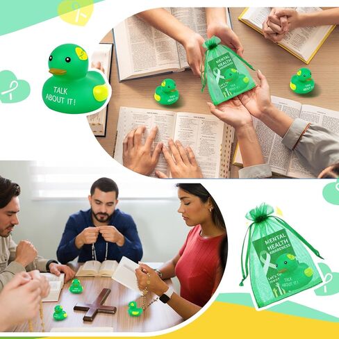 DEEKIN 24 Set Mental Health Rubber Duck Mental Health Awareness Gifts Include 24 Green Ribbon Rubber Duck 24 Cards and 24 Organza Bags for Friend Family Coworkers Fundraiser Giveaways in Saudi Arabia