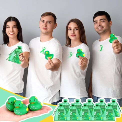 DEEKIN 24 Set Mental Health Rubber Duck Mental Health Awareness Gifts Include 24 Green Ribbon Rubber Duck 24 Cards and 24 Organza Bags for Friend Family Coworkers Fundraiser Giveaways in Saudi Arabia