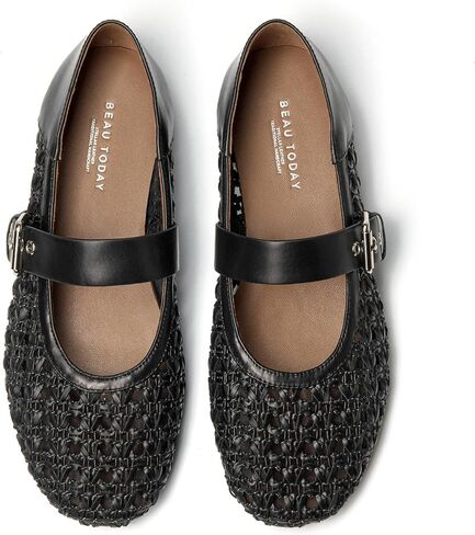 BEAU TODAY Womens Mesh Mary Jane Flats، أحذية باليه مسطحة منسوجة يدويًا للنساء، أحذية باليه من الجلد الطبيعي بمقدمة مستديرة مع حزام إبزيم، أحذية كاجوال مسامية لفصل الربيع والصيف in Kuwait