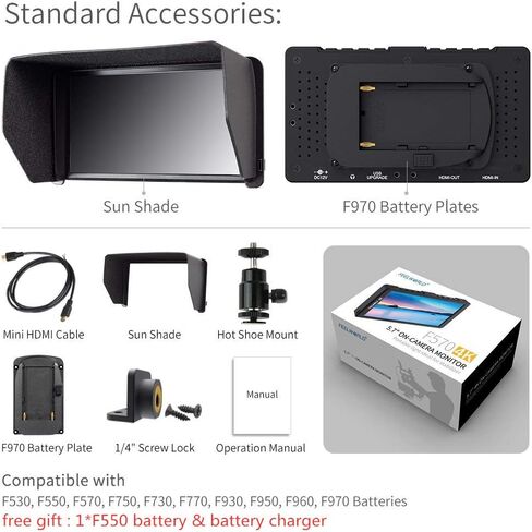 شاشة FEELWORLD F570 مقاس 5.7 بوصة بدقة 4K على الكاميرا مع مدخل/مخرج HDMI IPS Full HD 1920x1080 لكاميرات DSLR ومثبت جيمبال مع بطارية وشاحن F550 in Kuwait