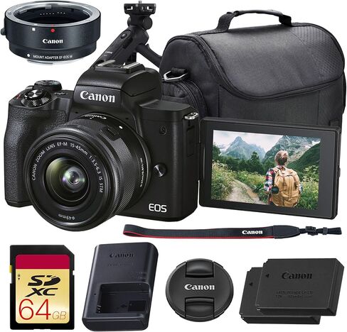 كاميرا Canon EOS M50 Mark II بدون مرآة مع عدسة 15-45 ملم (أسود)| 24.1 ميجابكسل APS-C، Dual Pixel CMOS AF، فيديو 4K وشاشة لمس متغيرة الزاوية| لمدونات الفيديو والمحتوى (4728C006) + مقبض ثلاثي القوائم HG-100TBR + المزيد in Kuwait