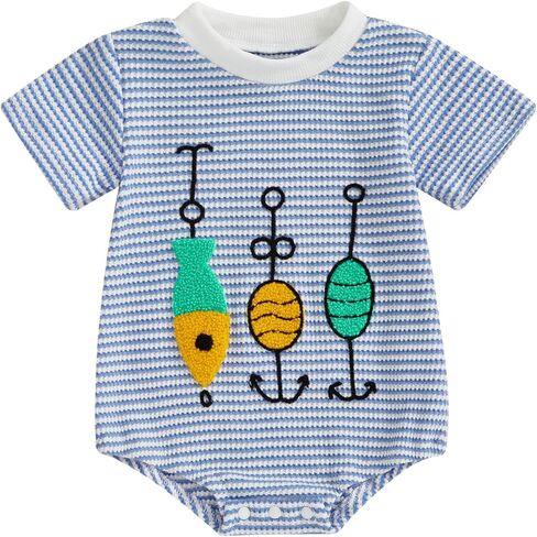 Baby Boy Girl Fishing Outfit Fish Embroidery Newborn Bubble Romper Waffle Striped Bodysuit Infant Summer Clothes in Saudi Arabia