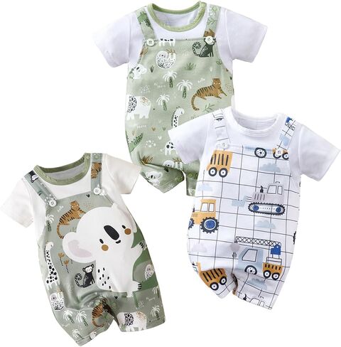 Baby Fake 2-Piece Overalls Romper 3-Pack Animal Construction Print Short Sleeve Onesie Infant Outfit in Saudi Arabia