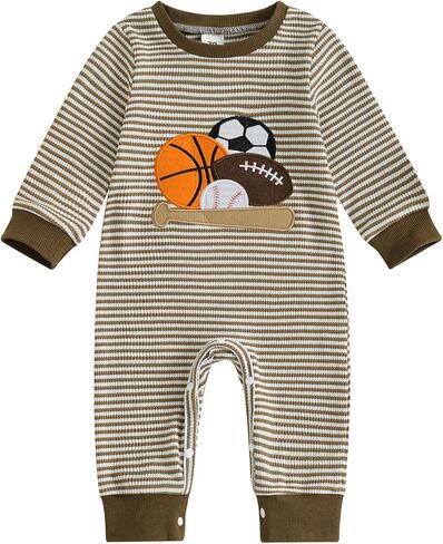 ZAXARRA Newborn Boy Clothes Fall Knit Sports Ball Embroidery Striped Crew Neck Long Sleeve Infant Boy Romper Jumpsuit in Saudi Arabia