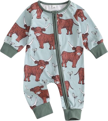 Baby Girl Boy Western Romper Cattle Print Round Neck Long Sleeve Zip-Up Full Length Jumpsuit for Fall in Saudi Arabia