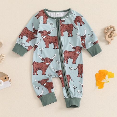 Baby Girl Boy Western Romper Cattle Print Round Neck Long Sleeve Zip-Up Full Length Jumpsuit for Fall in Saudi Arabia
