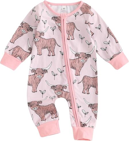Baby Girl Boy Western Romper Cattle Print Round Neck Long Sleeve Zip-Up Full Length Jumpsuit for Fall in Saudi Arabia