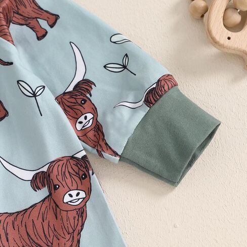 Baby Girl Boy Western Romper Cattle Print Round Neck Long Sleeve Zip-Up Full Length Jumpsuit for Fall in Saudi Arabia