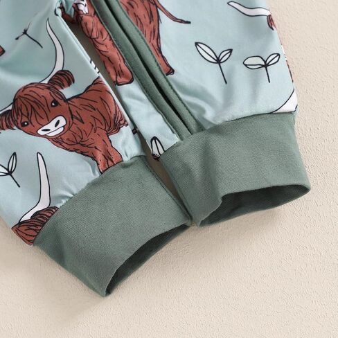 Baby Girl Boy Western Romper Cattle Print Round Neck Long Sleeve Zip-Up Full Length Jumpsuit for Fall in Saudi Arabia