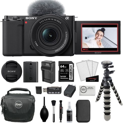 Sony ZV-E10 Mirrorless Camera with 16-50mm Lens | White Bundle with 64GB Memory Card, UV Filter, 8" Flexipod, Spare Battery & Charger, KC-25 Camera Shoulder Bag, Deluxe Cleaning Kit and Cloth in Saudi Arabia