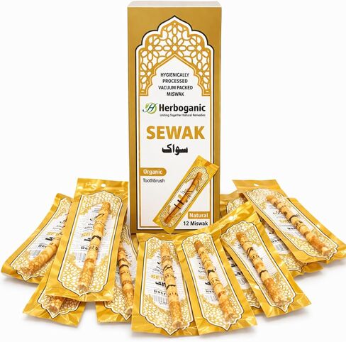 HERBOGANIC Sewak Natural Miswak Traditional Toothbruh 12 Pack No Flavor All Natural for Oral Health, Hygiene, Fresh Breath, Whiter Teeth, Chemical Free, Light Weight, Vacuum Sealed in Saudi Arabia
