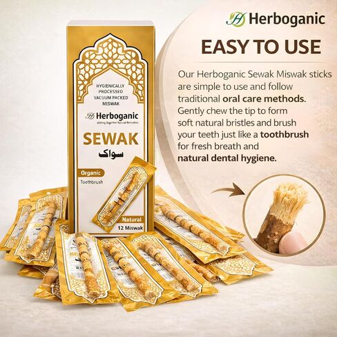 HERBOGANIC Sewak Natural Miswak Traditional Toothbruh 12 Pack No Flavor All Natural for Oral Health, Hygiene, Fresh Breath, Whiter Teeth, Chemical Free, Light Weight, Vacuum Sealed in Saudi Arabia