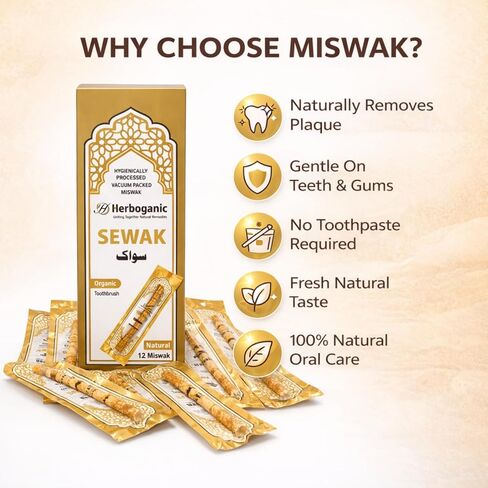 HERBOGANIC Sewak Natural Miswak Traditional Toothbruh 12 Pack No Flavor All Natural for Oral Health, Hygiene, Fresh Breath, Whiter Teeth, Chemical Free, Light Weight, Vacuum Sealed in Saudi Arabia