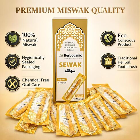 HERBOGANIC Sewak Natural Miswak Traditional Toothbruh 12 Pack No Flavor All Natural for Oral Health, Hygiene, Fresh Breath, Whiter Teeth, Chemical Free, Light Weight, Vacuum Sealed in Saudi Arabia