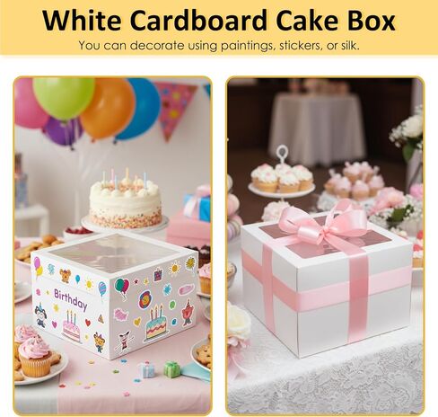 Moretoes 10 Sets 10x10x5 Inches Cake Boxes Sets with Red Ribbons - 10pcs White Bakery Cake Boxes and 10pcs 10 Inches Round Cake Boards in Saudi Arabia