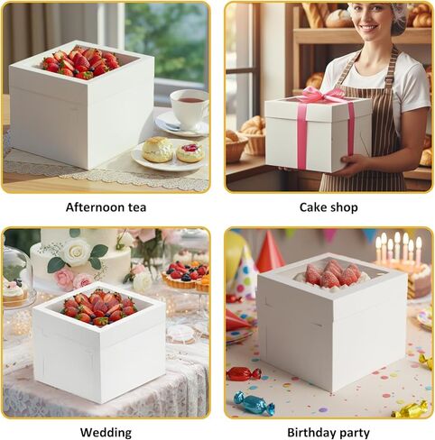 Moretoes 10 Sets 10x10x5 Inches Cake Boxes Sets with Red Ribbons - 10pcs White Bakery Cake Boxes and 10pcs 10 Inches Round Cake Boards in Saudi Arabia