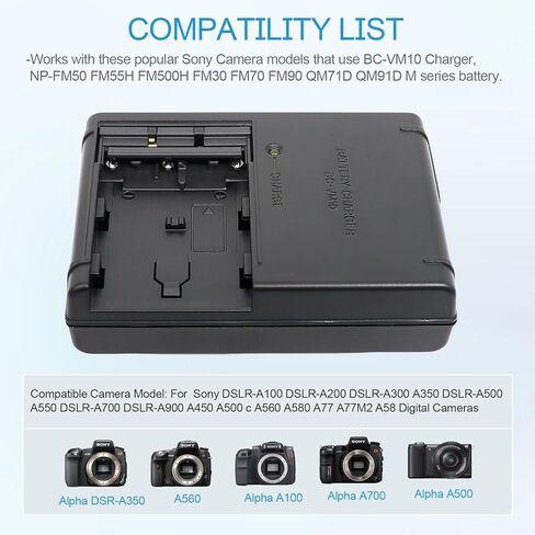 شاحن بطارية BC-VM10 NP-FM50 NP-FM55H NP-FM500H متوافق مع كاميرا Sony DSLR-A100 DSLR-A200 DSLR-A300 A350 DSLR-A500 A550 DSLR-A700 DSLR-A900 A450 A500c A560 الرقمية وسلك طاقة تيار متردد 120 سم in Kuwait