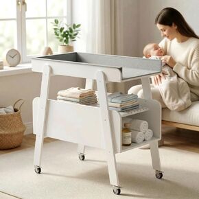 Diaper Changing Station Baby Flat Top Changing Table with Wheels and Changing Pad Nursery Organizer & Storage Rack Mobile Nursery Diaper Changing Table for Baby, Newborn (White) in Kuwait