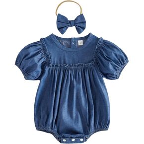 طفلة الدنيم فقاعة رومبير Smocked كشكش ارتداءها عقال الرضع بذلة لطيف الوليد الذهاب إلى المنزل ملابس صيفية in Kuwait