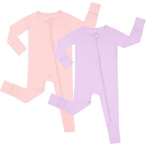 JunNeng Rayon من Bamboo Baby Boy Pajamas، رومبير للنوم بسحاب في اتجاهين مع قفازات قابلة للطي، ملابس نوم غير قابلة للانزلاق L وردي + L أرجواني 12-18 شهرًا in Kuwait
