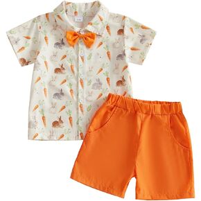 Toddler Boy Easter Outfits Bunny Carrot Print Short Sleeve Button Down Shirt and Elastic Waist Shorts Set in Saudi Arabia