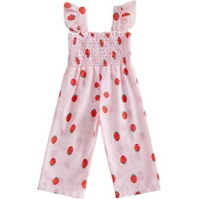 Toddler Baby Girl Summer Clothes Ruffle Flying Sleeve Smocked Romper One Piece Jumpsuit Print Suspender Pants Outfit in Kuwait