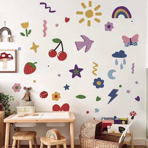 56pcs الملونة قوس قزح الزهور النسيج ملصقات الحائط DIY الاطفال متعة خربش الشارات الحضانة القابلة للإزالة لغرف الأطفال غرفة المعيشة ديكور غير شفافة تغطية عالية جدار الفن in Kuwait